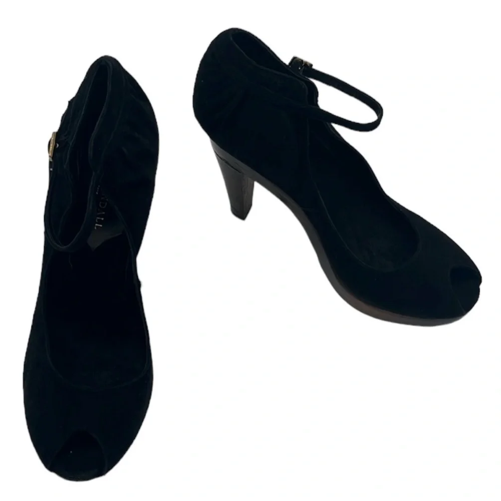 Loeffler Randall Black Suede Wood Platform Peep Toe Heels Women Size 9 B